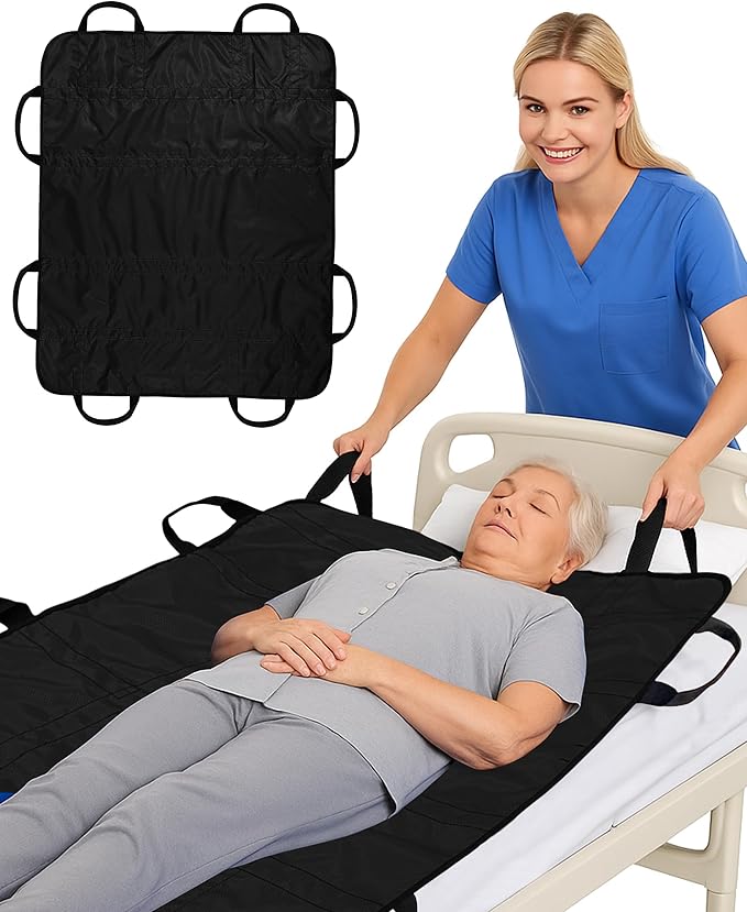 SPRING SEAON Patient Positioning Bed Pad with Handles – Transfer & Slide Sheet for Elderly Care, Waterproof Washable Draw Sheet for Hospital or Home Use, 46.5" x 38.5", 400 LBS Support,Black