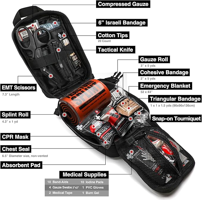 Survival First Aid Kit with Israeli Bandage, Splint, Chest Seal, Tactical Military Combat Molle IFAK for Wound Care, Bleeding Control, Trauma Hemorrhage and More