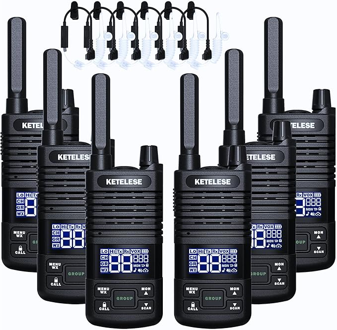 KETELESE T1 Two Way Radio, FRS Walkie Talkies with Earpiece, Long Range Walkie Talkies for Adults, USB C Rechargeable 2 Way Radio, NOAA, VOX, Group Call for Traveling Biking Camping Hiking, 6 Pack