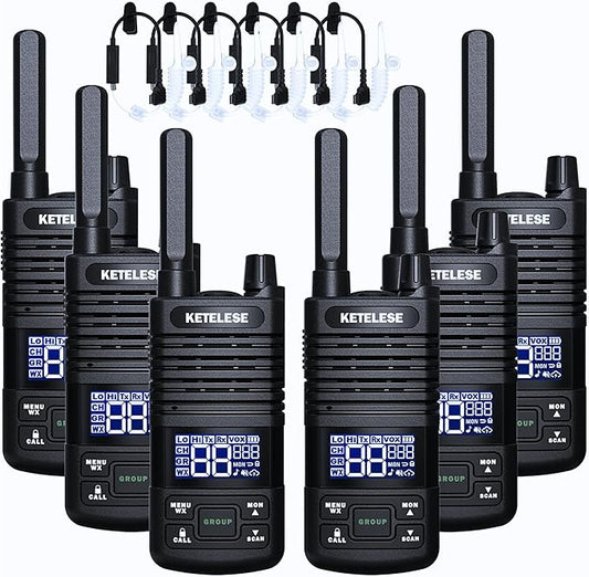 KETELESE T1 Two Way Radio, FRS Walkie Talkies with Earpiece, Long Range Walkie Talkies for Adults, USB C Rechargeable 2 Way Radio, NOAA, VOX, Group Call for Traveling Biking Camping Hiking, 6 Pack