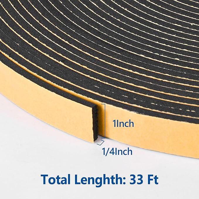 Self Adhesive Foam Tape Weatherstrip 1in x 1/4in x 33Ft High Density Foam Insulation Strips Foam Seal Weather Stripping with Strong Adhesive for Door and Window Sound Isolation Soundproofing