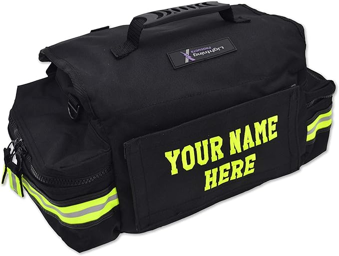 Lightning X Personalized First Responder EMT EMS Trauma Bag w/Stocked First Aid Fill Kit B & Custom Embroidered Name Patch (Black)