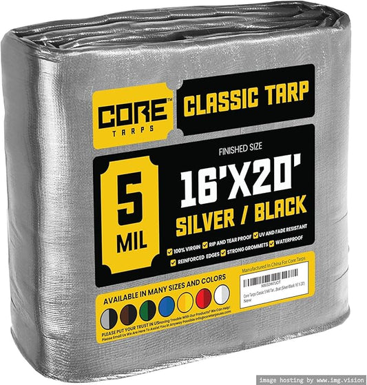 Core Tarps Classic 5 Mil Tarp Cover, Waterproof, UV Resistant, Rip and Tear Proof, Poly Tarpaulin with Reinforced Edges for Roof, Camping, Patio, Pool Cover, Boat (Silver/Black 16′ X 20′)