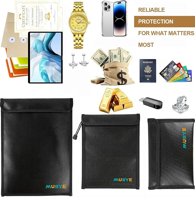 Upgraded Fireproof Waterproof Document Bag - 3 Pack Safe Money Bags with Zipper, Fire & Water Resistant Storage Organizer Pouch for Documents Holder,File,Cash,Passport,Tablet (Black)