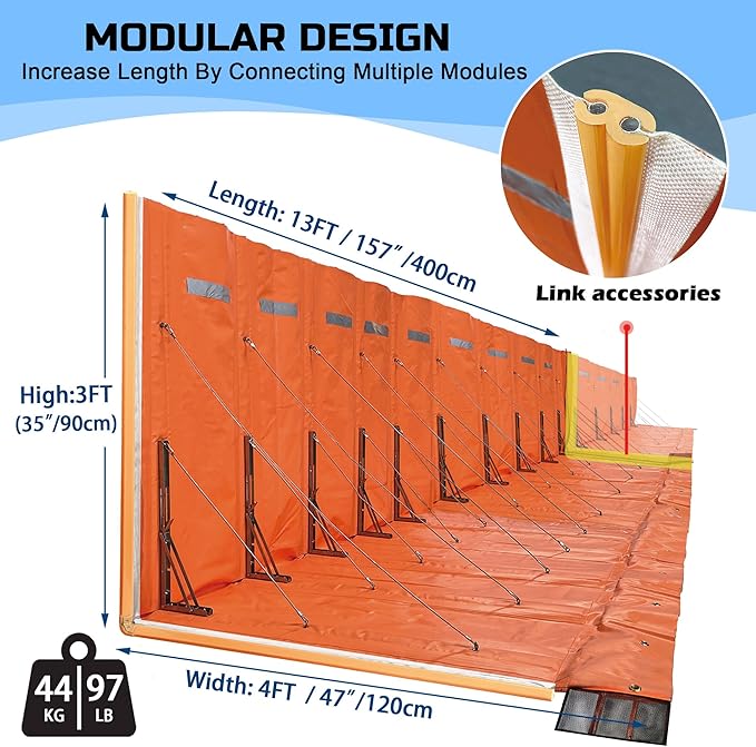PVC L-Shaped Baffle Flood Barrier for Home,Flood Control Water Gate Flood Protection Products for Garage Doors, Basements, Warehouses Absorbent Sandbag Alternative(L:13ft x W:4ft x H:3ft)