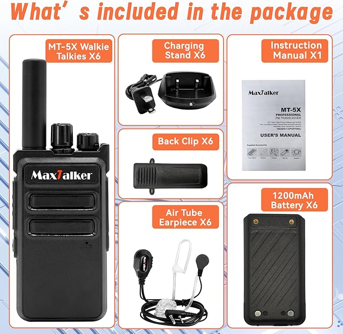 MT-5X Walkie Talkies Long Range for Adults, 2 Way Radio with Conduit Earpiece, Radios Walkie Talkies with Rechargeable Type-C Charging Battery, Two Way Radio for Family, Camping, School（6 Pack）