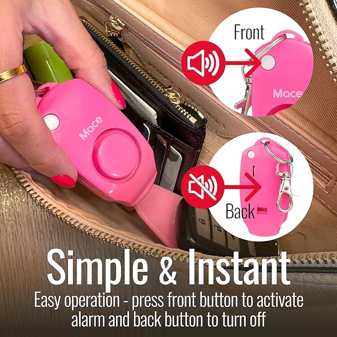Mace Personal Safety Alarm - Loud 130db Siren, Built in Emergency Whistle, Easy On/Off Push Button Activation, Batteries Included, Personal Alarm for Women & Men - Neon Pink