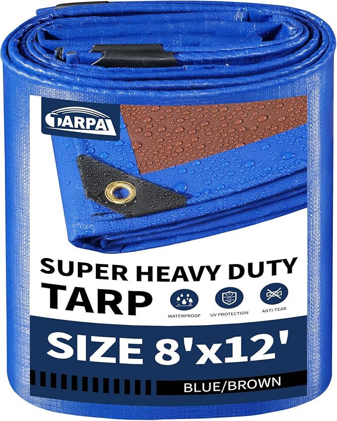 TARPAL 8x12ft Waterproof Heavy Duty Tarp 16Mil Thick with Metal Grommets Every 17.7" Large Multipurpose Tarp Tear-Resistant UV Protection Covers Roof, Pool,Car,Firewood&Outdoor Furniture(Blue/Brown)