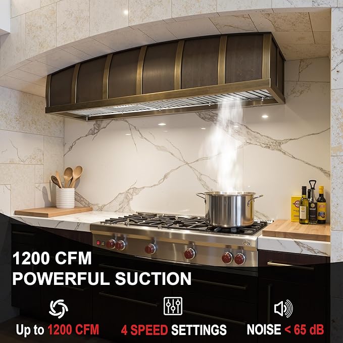 Akicon Range Hood Insert with Heater Sensor, 60 Inch 1200 CFM Bulit-in Vent Hood Insert with 4 Speeds, Ultra-Quiet Ducted Stove Hood 3CCT LED Lights and Dishwasher Safe Filters