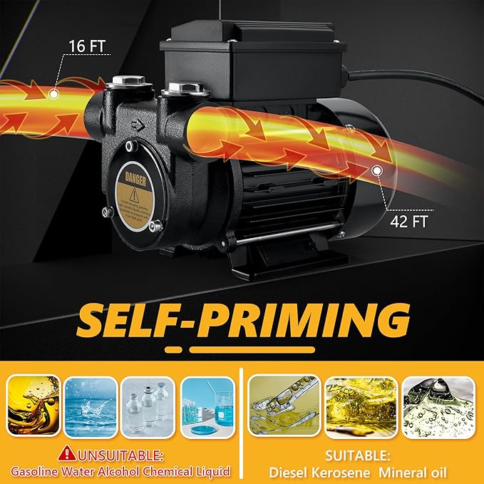 110V AC Diesel Oil Transfer Pump, 15GPM 60L/min, Self Priming Fuel Transfer Pump, Overheat Protection, Suitable for Diesel Kerosene Biodiesel Oil Mineral Oil.