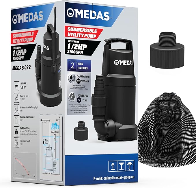 MEDAS Portable Sump Pump for Swimming Pool, Garden Pond, Basement Water Removal with 10ft Power Cord 1/2HP