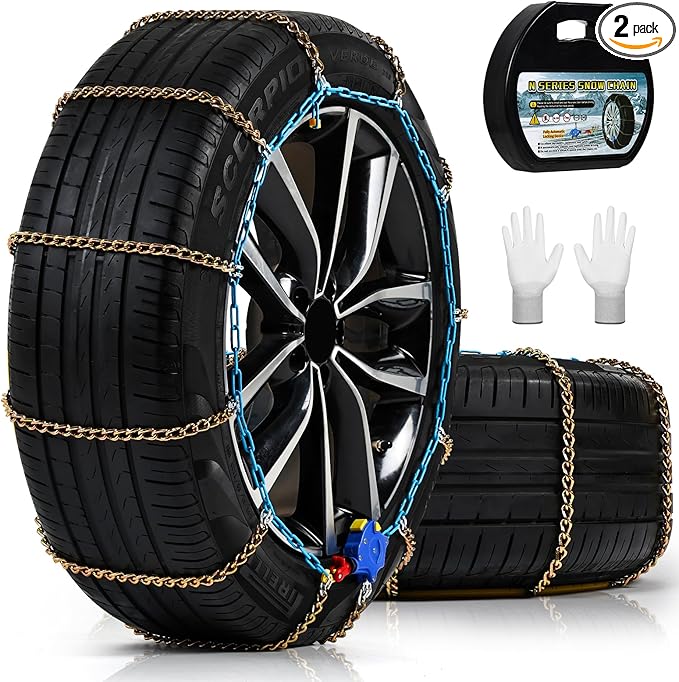 Auto Tightening Snow Chains for Cars, SUVs & Pickup Trucks – 1-Min Quick-Fit Auto Installation, Reusable Universal Emergency Traction Tire Chains – Set of 2（ALN110）