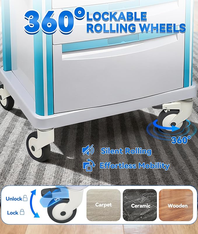 Medical Rolling Storage Crash Cart with Wheels & Drawers, Hospital Mobile Ultrasound cart with 5 Drawers & Power Strip,IV Pole,Needle Disposal,O2 Holder,Nursing Emergency Cart for Hospital, Clinic