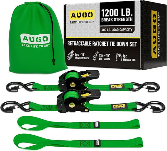 AUGO Retractable Ratchet Straps | 2 Heavy Duty Ratchet Straps Self Retractable Tie Downs with Soft Loops & Storage Bag for Motorcycle, Truck, Trailer, Cargo Van | 1200 Lb Break Strength 1” x 10’