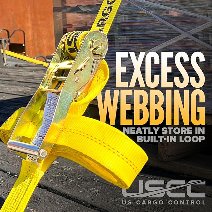 US Cargo Control Flat Hook Ratchet Straps 2 Inch X 30 Foot (320-Pack), 10,000 LBS Break Strength, Yellow Heavy Duty Ratchet Straps with Black Flat Hooks, Tie Downs for Flatbed Trailer