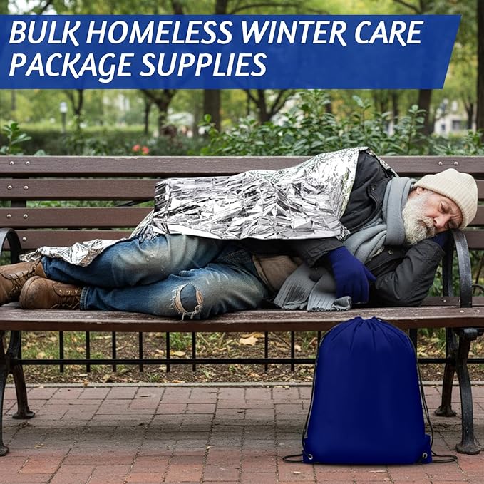 Suhine 72 Pcs Homeless Care Package Supplies Bulk Winter Emergency Blanket Glove Beanies Scarves Sock Drawstring Bag Unisex