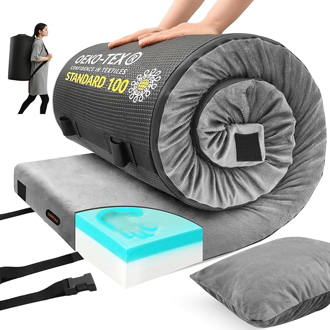 Memory Foam Camping Mattress pad, Comfortable Thick Floor Sleeping Mat for Adults with Waterproof and Non-Slip Bottom, Portable Roll Up Mattress for Sleepover Guest,Cot Mad for Car Camping