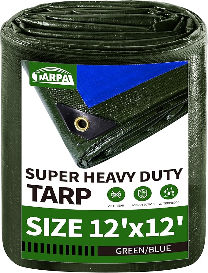 TARPAL 12x12 Tarp Heavy Duty Waterproof Tarp 16mil Thick Tarps with Metal Grommets Every 17.7" UV Protection&Tear -Resistant Cover for Firewood,Roof,Pool,Car,RV&Outdoor Furniture（Green/Blue）