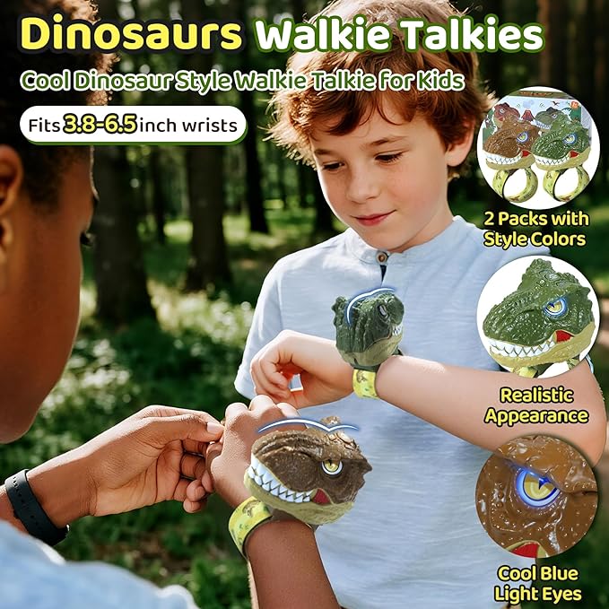Vvinca Dinosaur Walkie Talkies for Kids 2 Pack, T-Rex Dinosaur Toys 3-12 Year Old Boys Birthday Gift, Kids Toys Boys 3-5 -5-7 8-12, Adjustable Strap 1000FT Range for Outside, Camping, Hiking