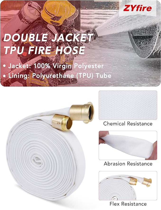 ZYfire Fire Hose - 1-1/2" ID x 50 FT Double Jacket TPU Firefighter Hose with M x F NST/NH Brass Couplings 1200 PSI Burst Pressure Lightweight for Firefighting & Residential Use
