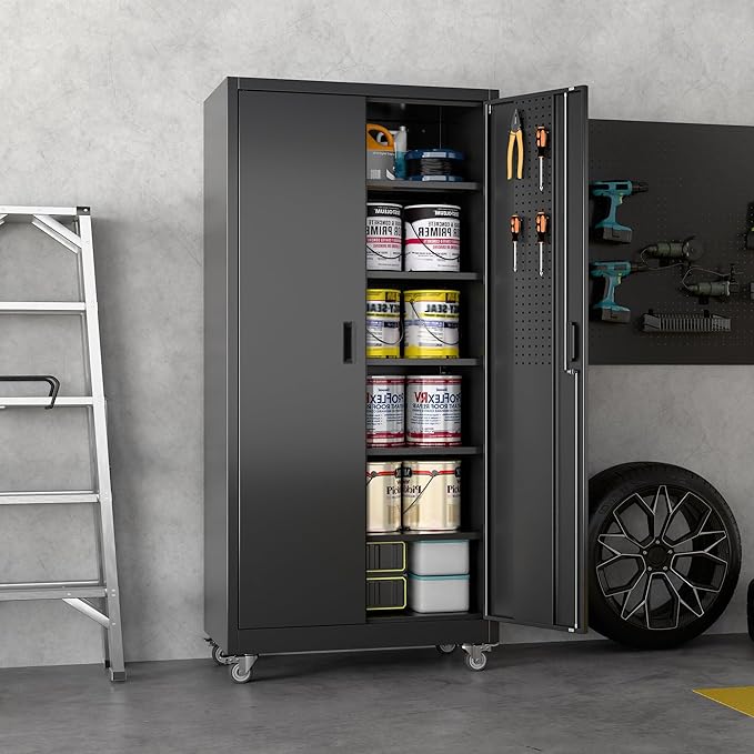 SUXXAN Metal Garage Storage Cabinet with Wheels and Pegboard, 71'' x 34'' x 18'' Lockable Rolling Steel Cabinet with 5 Adjustable Shelves and Door for Garage, Office, Kitchen, Assembly Required