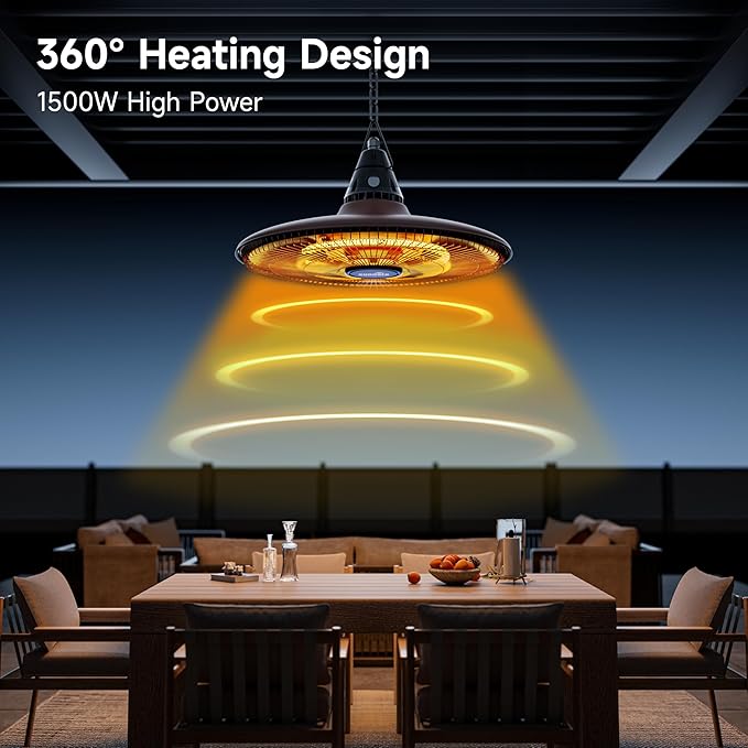 Hanging Heater, 1500W Outdoor Electric Patio Ceiling Heater with Remote Control, Infrared for Courtyard, Garage, Patio, Overheat & Tip-Over Protection, Waterproof, Brown