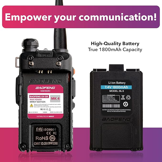 Mirkit UV-5R MK4 8W Extra Pack Two Way Radio - Walkie Talkies VHF/UHF 144-148/420-450 mhz Ham Radio with Baofeng Accessories: Battery 3800 mAh, Baofeng Speaker Mic and Programming Cable