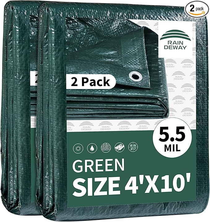 RAINDEWAY Tarps 4x10 Feet(2 Pack),Small Tarp Waterproof,5.5 Mil Thick, Multipurpose Waterproof Poly Tarp Cover with Metal Grommets and Reinforced Edges,Green Tarps