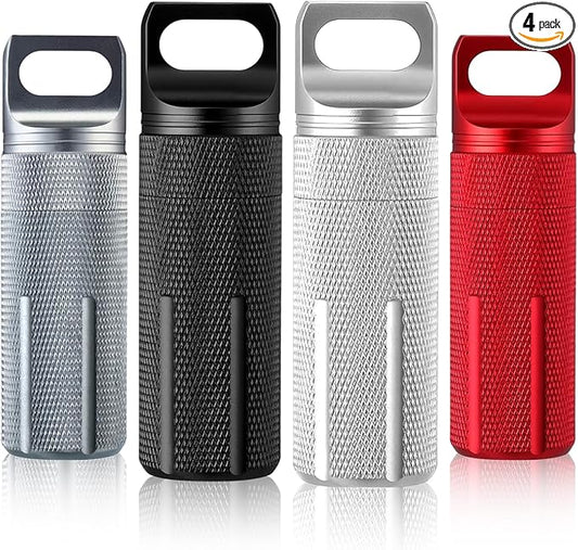 Patelai 4 Pcs Portable Keychain Pill Holder Pill Organizer Travel Waterproof Match Container Aluminum Airtight Keychain Container Travel Size Storage Supplements Holder for Outdoor Camping(Classic)