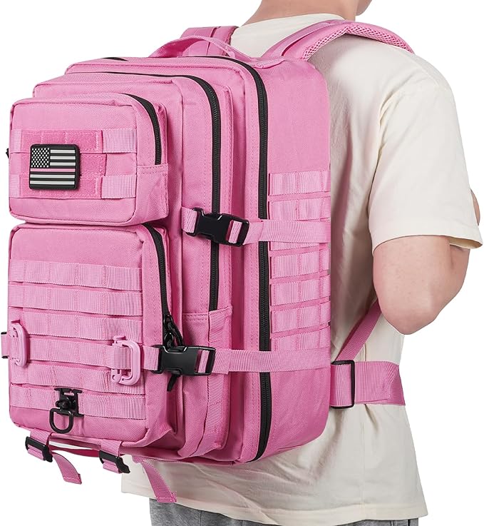 MOLLE Assault Backpack, Tactical Backpack Military Army Camping Rucksack, 3-Day Pack Trip w/USA Flag Patch, D-Rings, Pink