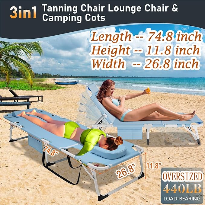 ABORON Patio Lounge Chair, Folding Guest Bed Cot for Adults, 500LB Heavy-Duty Capacity, Portable Extra Bed with Comfort Mat, Quick Fold Design for Indoor Guest Stays & Temporary Use