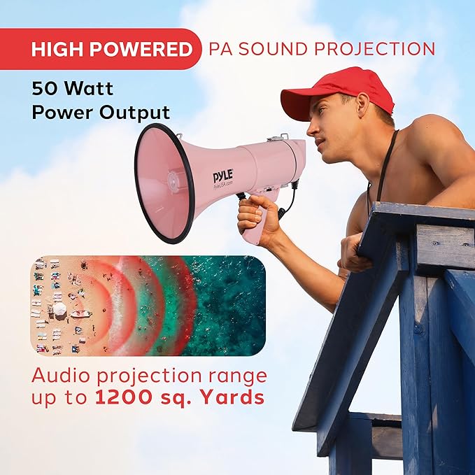 Pyle 50W Megaphone Bullhorn - Portable, Automatic Siren & Adjustable Volume, Projection Range Up to 1200 Square Yards, Aux Input, Talk, Siren, Music, Whistle, & Record, Shoulder Strap (Black)