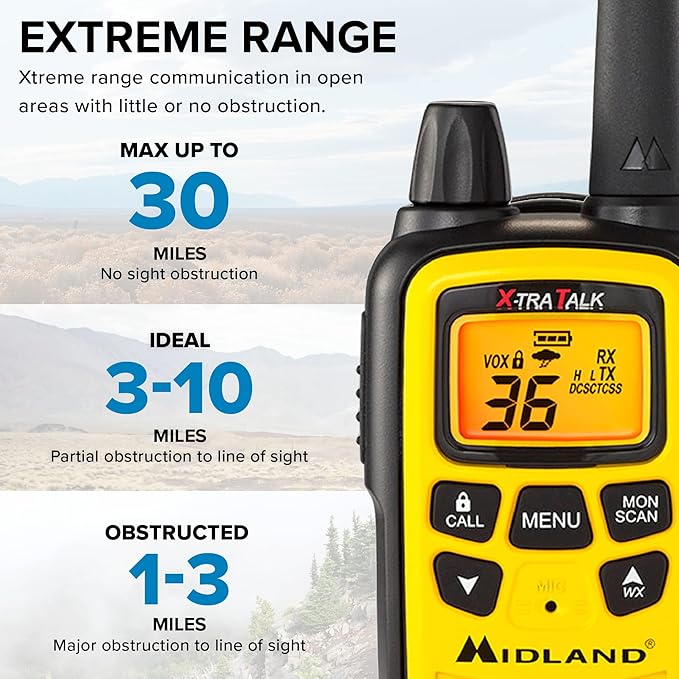 Midland - LXT600VP3 Long Range Walkie Talkie - FRS Two-Way Small Business Radio Rechargeable Portable- UTV Accessories with NOAA Weather Scan + Alert, and 36 Channels (Yellow/Black, 2 Radios)