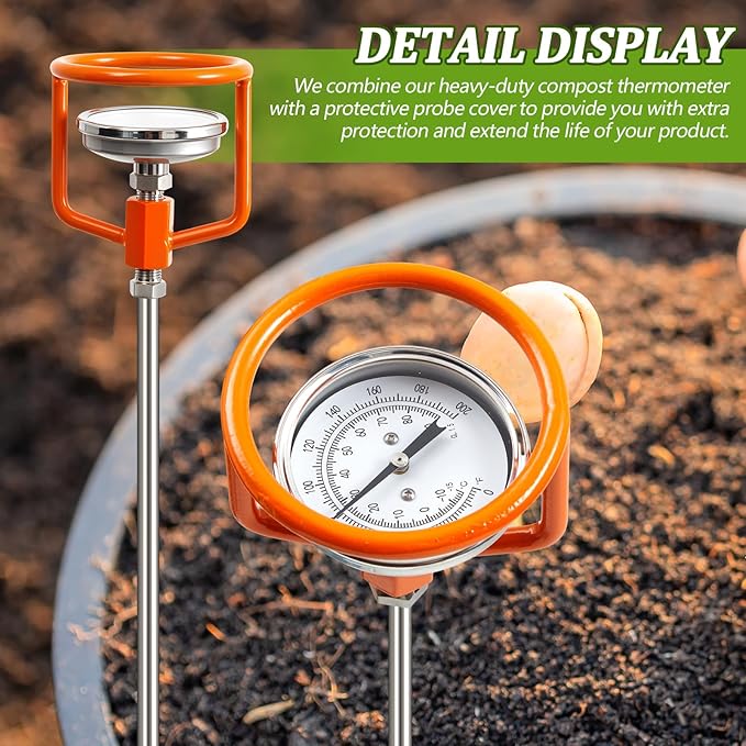 Heavy Duty Compost Thermometer with Probe Guard Bundle 36 Inch Stem Fahrenheit and Celsius Outdoor Compost Thermometer, Stainless Steel, Outdoor