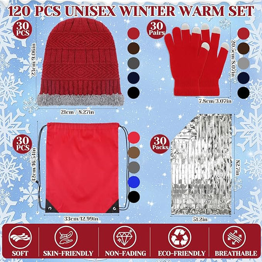 Geyoga 120 Pcs Charity Donation Homeless Care Supplies Bulk Winter Beanie Emergency Blanket Touchscreen Glove Drawstring Bags