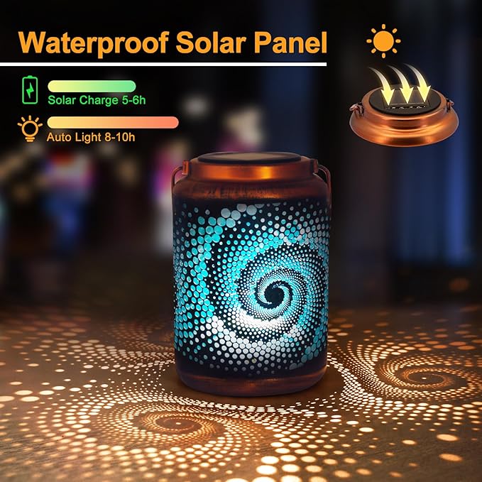 YISITEONE Mosaic Bohemian Outdoor Solar Lanterns, Waterproof Blue Table Lights, Turkish Moroccan Decorations for Garden Patio Yard Lawn Front Porch, Birthday Gardening Gifts for Women Mom Grandma