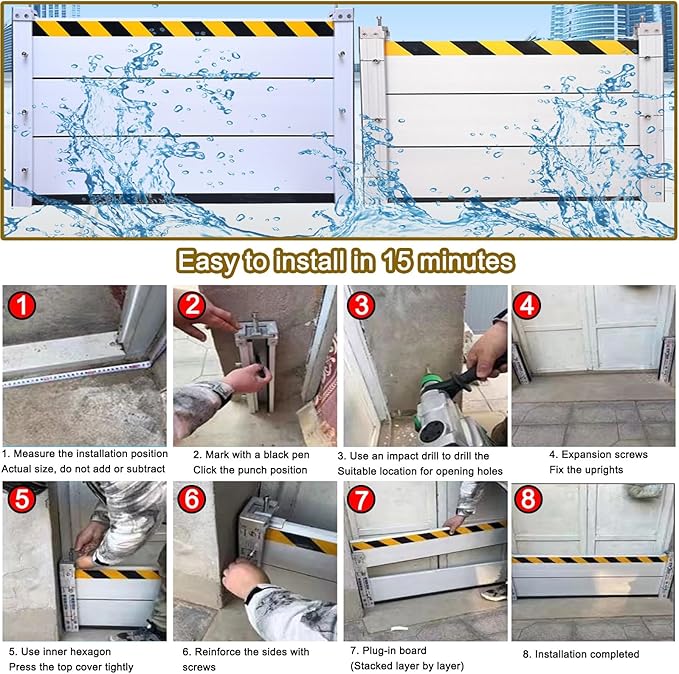 Basement/Garage Door/Home/Doorway Flood Protection Barriers, 2/3/4/5/6/7/8/9/15/18/20/23ft Reusable Detachable Aluminum Flood Panel Shield, Tall Water Prevention System(H 0.6ft(20cm),11.5ft(3.
