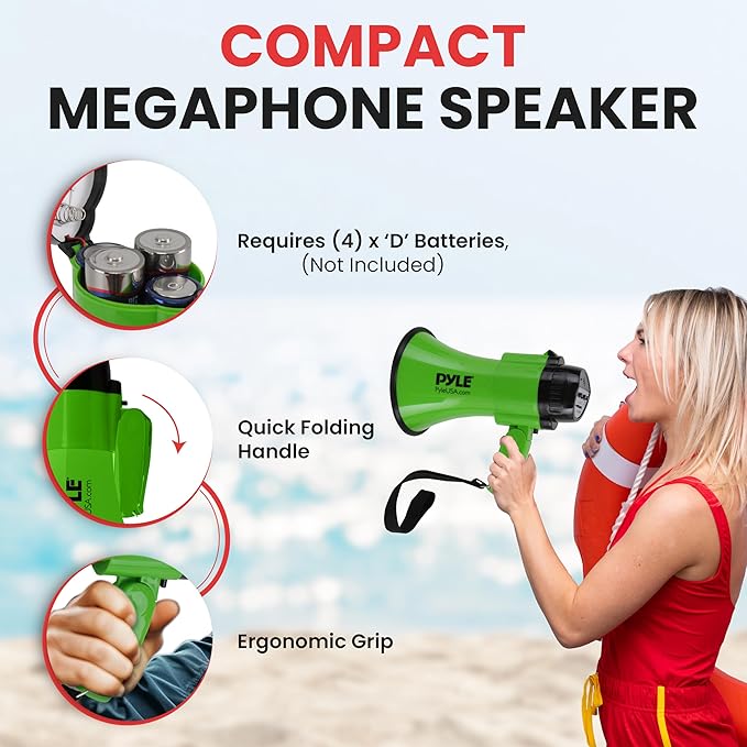 Pyle Compact Battery-Operated Megaphone with Siren - 30 Watt Power, Microphone, 2 Modes, PA Sound, Bullhorn, Foldable Handle for Cheerleading, Police Use (Green)