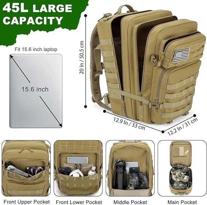 Tactical Backpack 45L Army Military Rucksack, Water Resistant MOLLE Pack, Large 3 Day Bug Out Bag for Men & Women, Durable Outdoor Gear for Hiking, Camping, Hunting, Travel (Khaki)