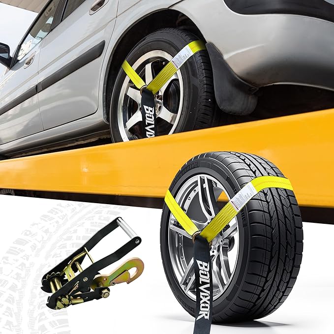 4 Pack Car Tie Down Straps for Trailers - 2" x 96" - 9900LBS Break Strength - Tire Ratchet Strap with Snap Hooks - Adjustable Wheel Straps for Hauling UTV, SUV, Truck, Any Cars