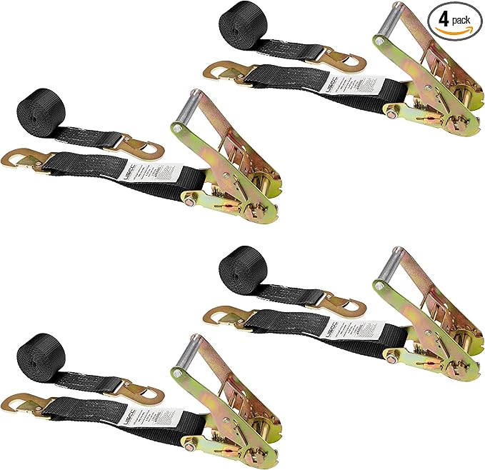 US Cargo Control Automotive Ratchet Strap with Snap Hook, 2 Inch Wide X 12 Foot Long, Black Ratchet Straps with Locking Hook, 4 Pack