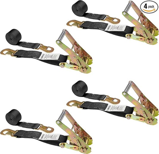 US Cargo Control Automotive Ratchet Strap with Snap Hook, 2 Inch Wide X 12 Foot Long, Black Ratchet Straps with Locking Hook, 4 Pack