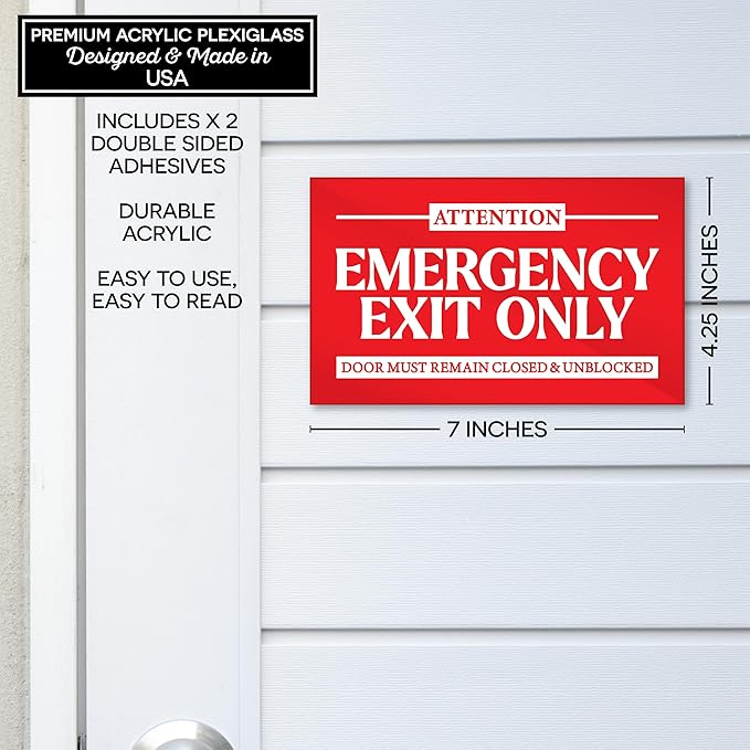Premium Acrylic Emergency Exit Only Sign, Made in USA, 7.0x4.25 Emergency Exit Sign, Vibrant Red In Case of Fire Exit Signs for Business, Door Must Remain Closed & Unblocked Signs with Stickers
