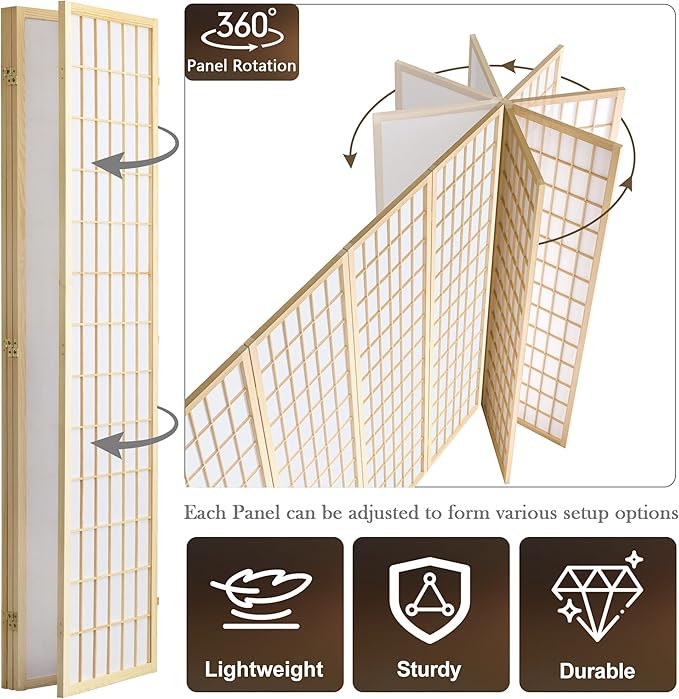 WelFurGeer 4 Panel Room Divider, Folding Privacy Shoji Screens, Room Partitions and Dividers, Decorative Room Dividers, Wall Dividers for Room Separation, Japanese Wood Room Divider for Home (Natural)