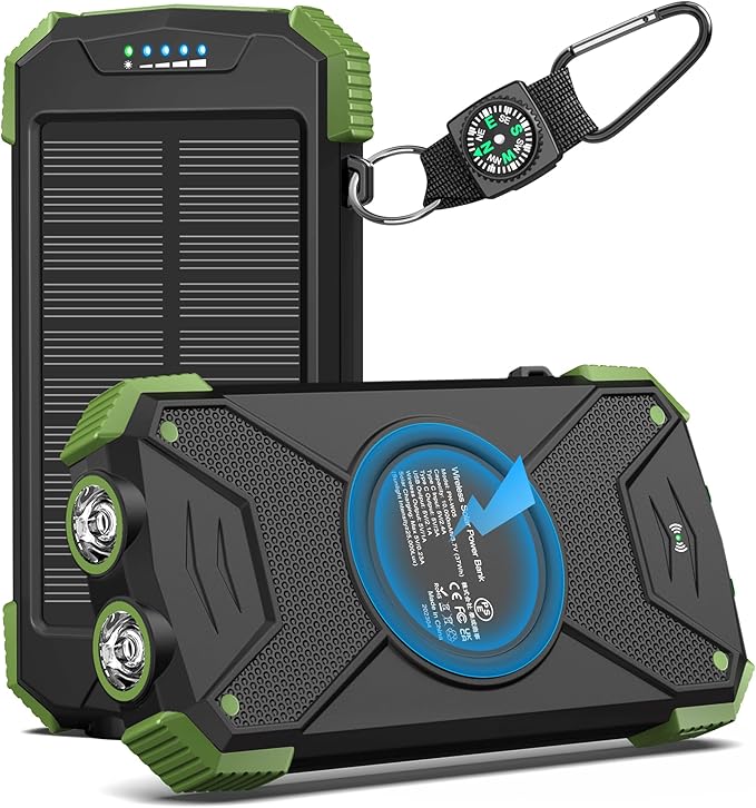BLAVOR Solar Power Bank 10,000mAh, Portable Wireless Charger, 20W Fast Charging External Battery Pack with USB C for Cell Phones, Solar Panel Charger with Dual Flashlight for Camping
