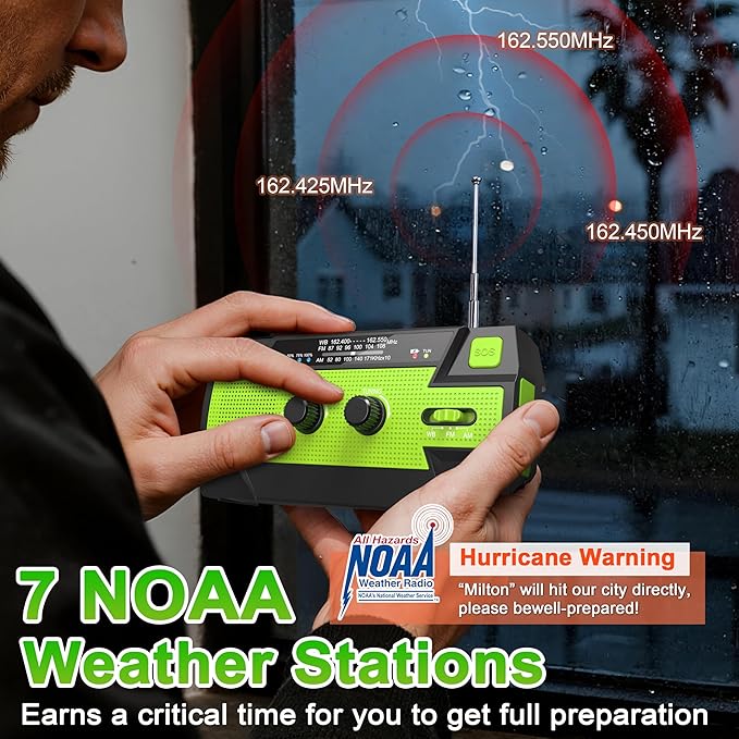 Emergency Crank Weather Radio, 14800mWh Solar Hand Crank Portable AM/FM/NOAA Weather Radio with 1W 3 Mode Flashlight & Reading Lamp, Cell Phone Charger, SOS for Home and Emergency