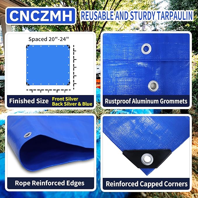 Tarp Waterproof 12x30 Feet, 8 Mil Thick Finished Size Blue Poly Tarpaulin Outdoor, Metal Grommets, Reinforced Edges, Multipurpose Tarps Protective Cover for Camping Boat Plant