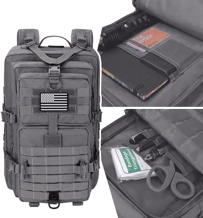 MOLLE Assault Backpack, Tactical Backpack Military Army Camping Rucksack, 3-Day Pack Trip w/USA Flag Patch, D-Rings, Grey