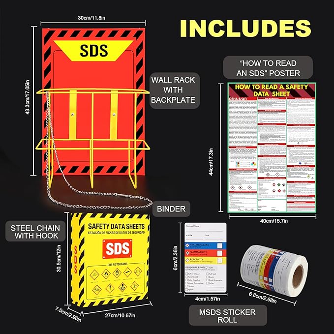 MSDS SDS Binder and Wall Station,Yellow Heavy Duty 3 Inch Material Safety Data Sheet 3 Ring Binder with SDS Wire Rack and Display Sign,Chain,Mounting Hardware,Safety Posters and MSDS Labels