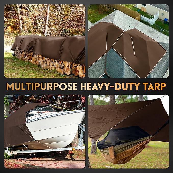 Tarp 20x30 ft Super Heavy Duty 16mil 100% Waterproof,Uv Resistant,High Durability Multipurpose Brown Tarp Suitable for Courtyards, Cars, Camping, Gardens, Pet Nests -by Mvpnet